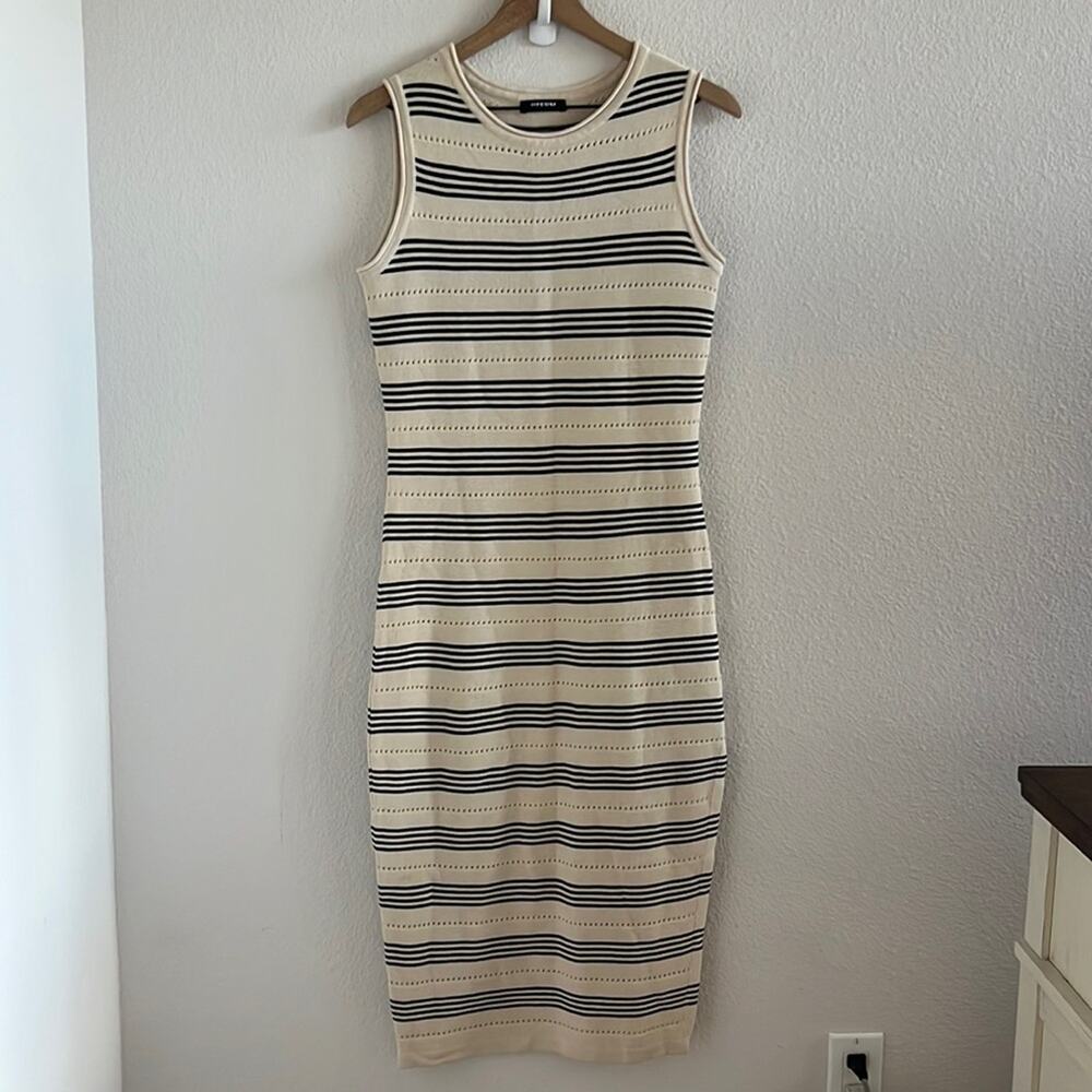BTFBM Neutral Stripe Side Slit Midi Dress Knit Contemporary Coastal Boho Small